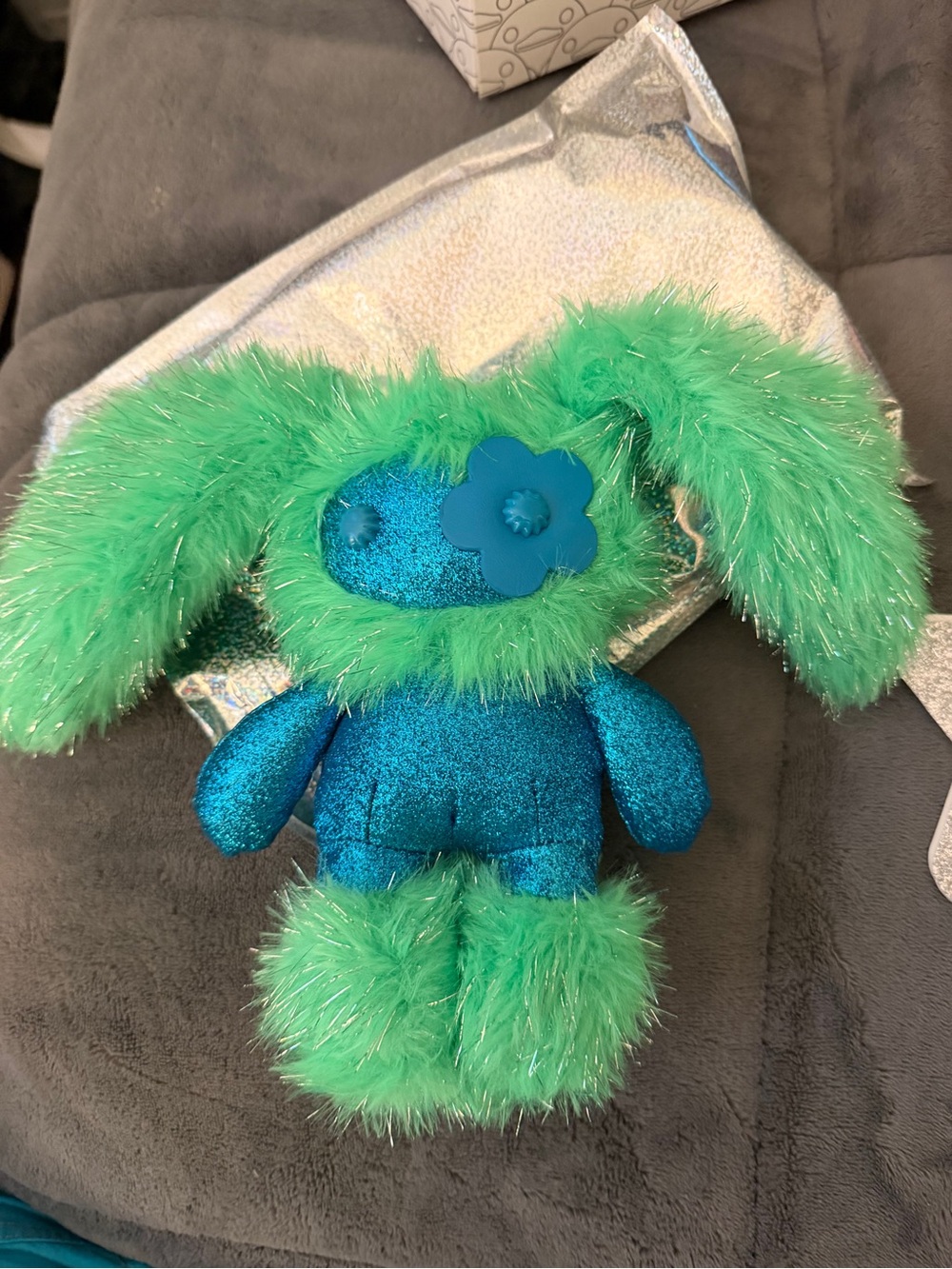 Sparkle Juju  Blue & Green Plush Bunny with Flower patch eye “Ellis”